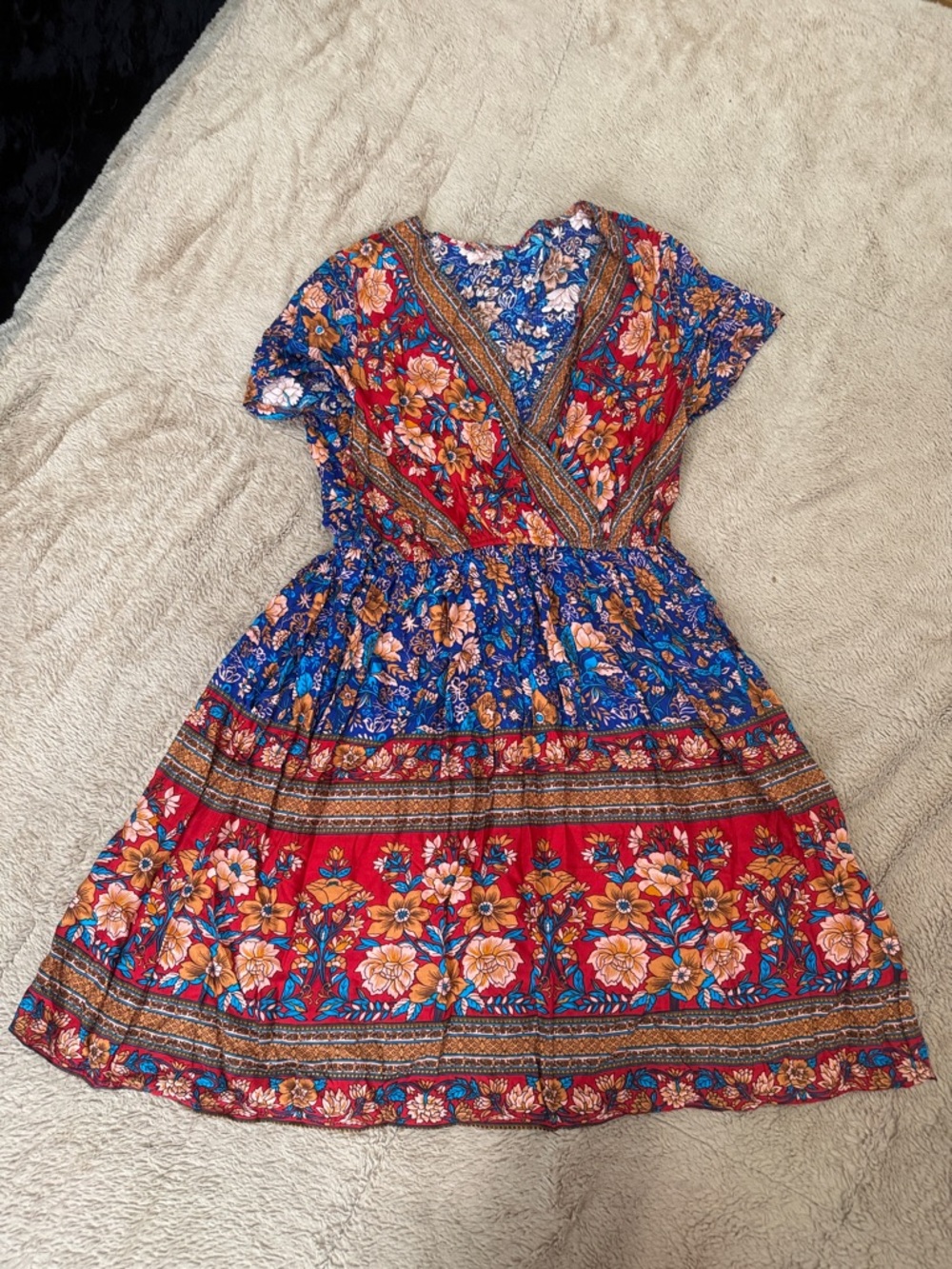 Floral Mix-Print Wrap Dress in Red & Blue